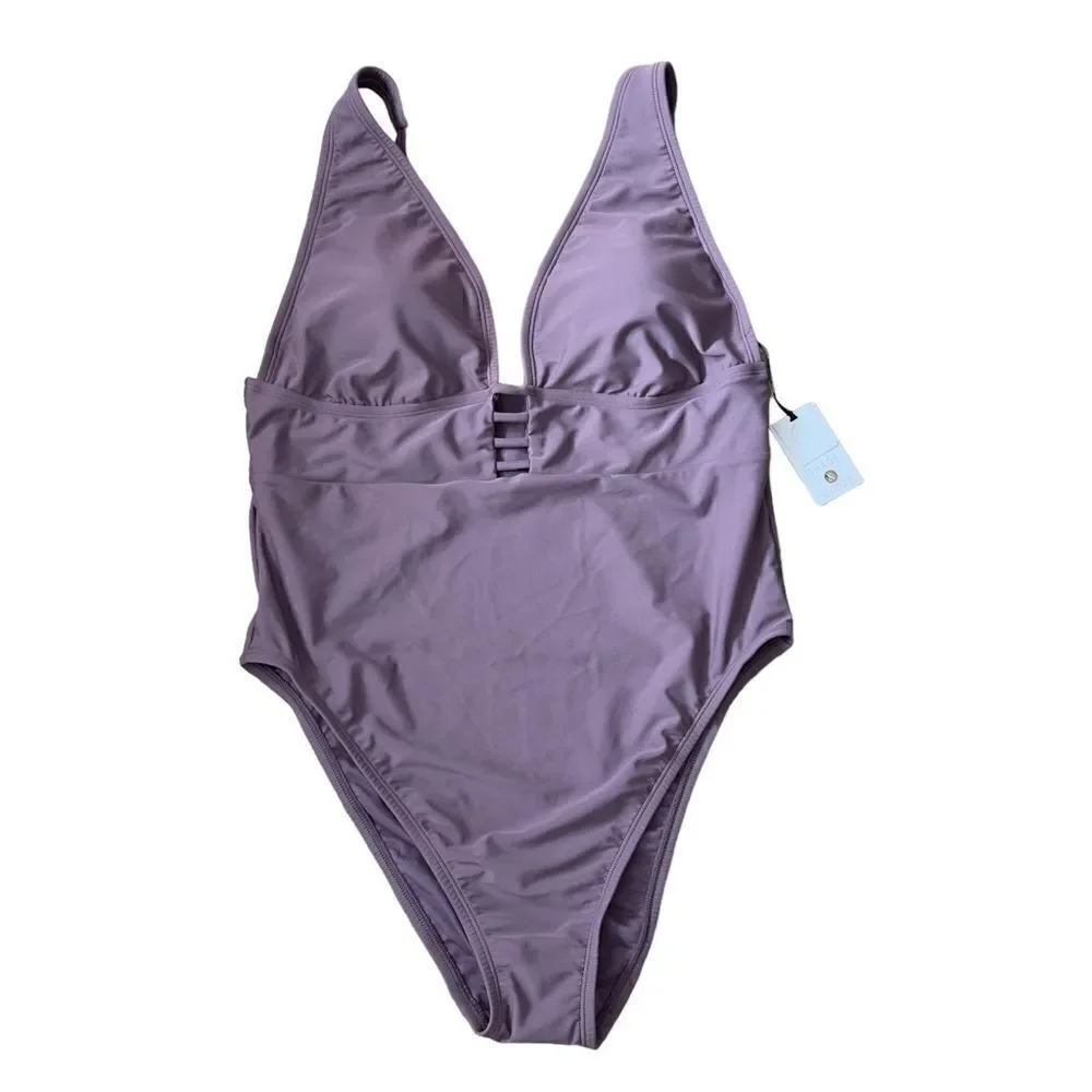 Shade & Shore Women's Torso Plunge Front Swimsuit Mauve Purple XLARGE NWT